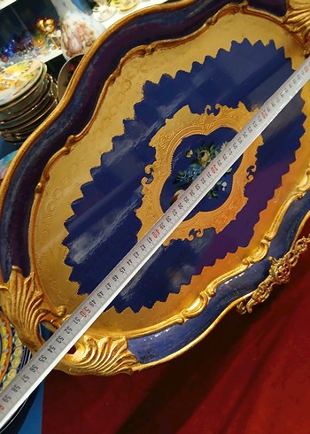 Gül Ağcı tepsi 35cm Lacivert İşlemeli Altın Detaylı Tepsi - Görsel 3