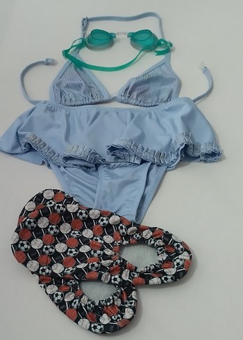 Mavi Askılı Kız Çocuk Bikini ve Plaj Seti