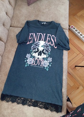 s Beden gri Renk Gri Baskılı Loose Fit Goth Tişört
