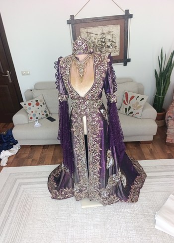 Uzun Mor Nakışlı Kadın Bindallı Elbise - Görsel 3