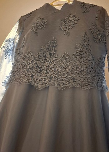 mavi Uzun Kollu Dantelli Abiye Elbise - Görsel 5