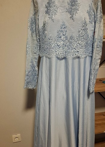 mavi Uzun Kollu Dantelli Abiye Elbise - Görsel 3