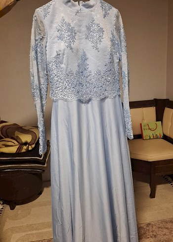 mavi Uzun Kollu Dantelli Abiye Elbise - Görsel 2