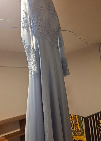 mavi Uzun Kollu Dantelli Abiye Elbise - Görsel 6