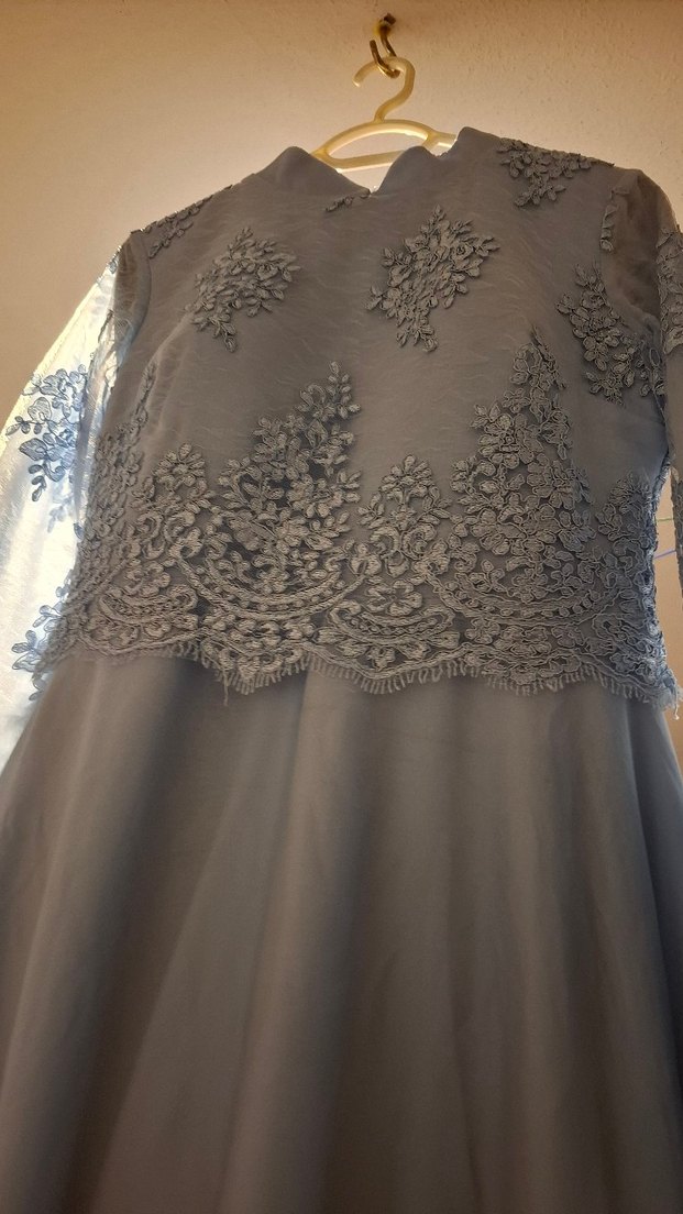 mavi Uzun Kollu Dantelli Abiye Elbise - Görsel 5