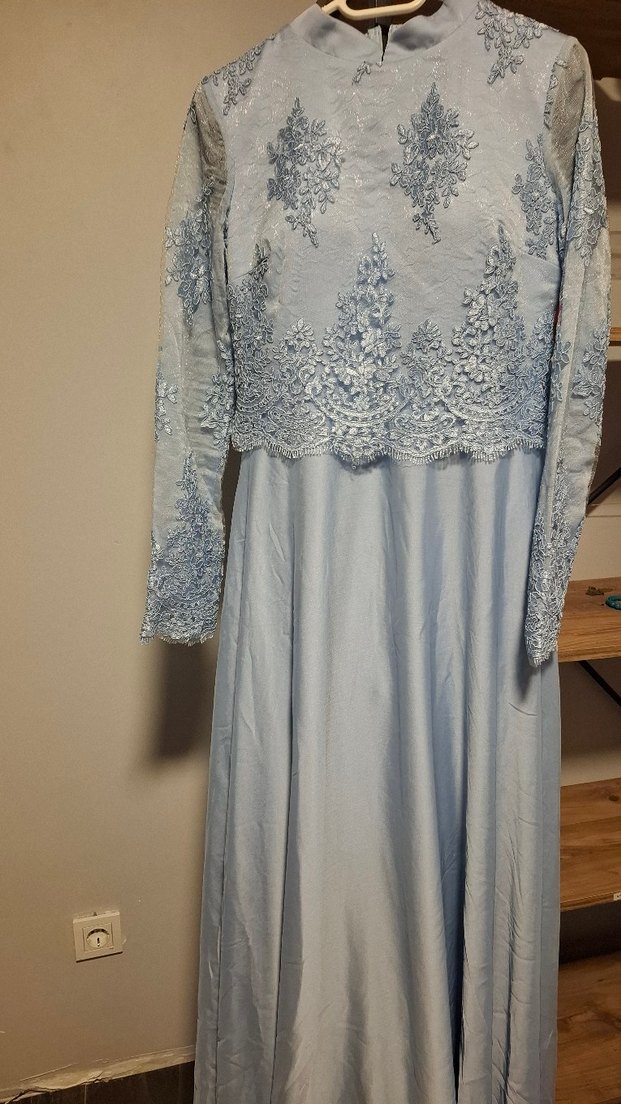 mavi Uzun Kollu Dantelli Abiye Elbise - Görsel 3