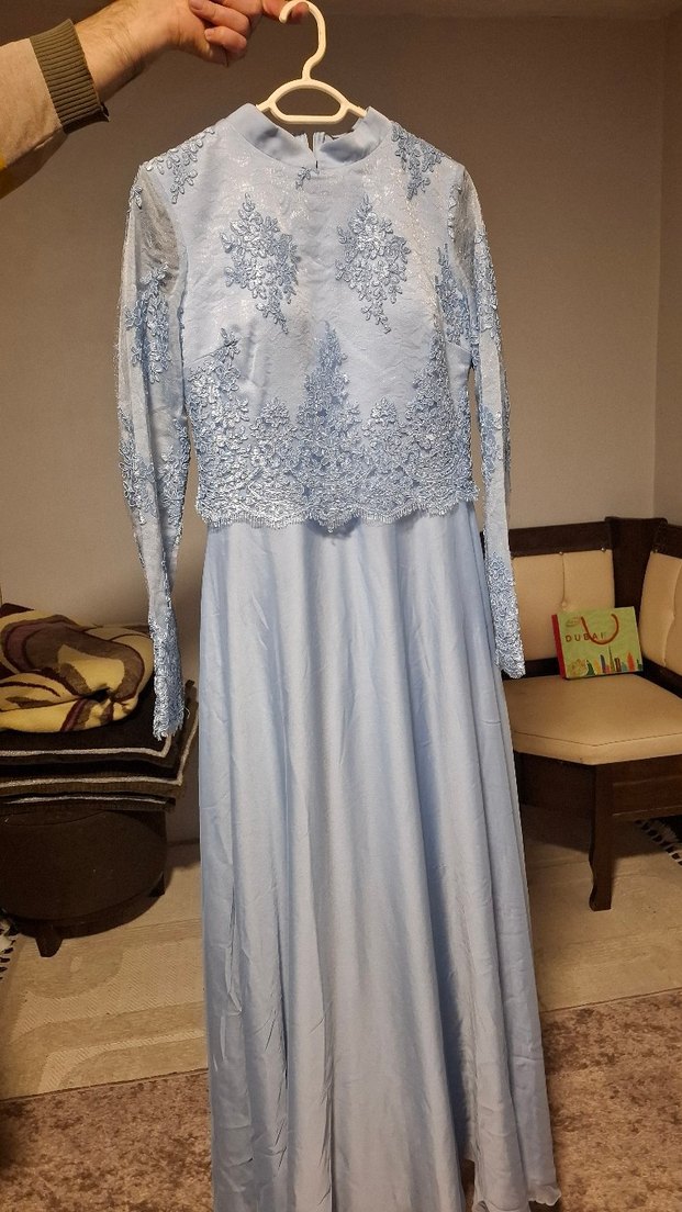 mavi Uzun Kollu Dantelli Abiye Elbise - Görsel 2