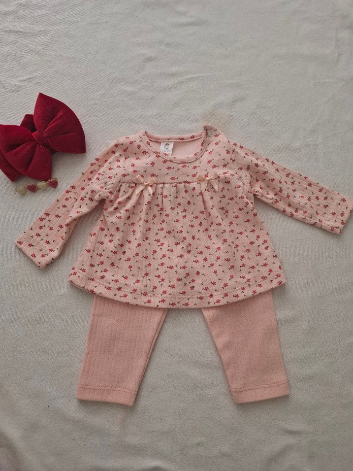 Pembe Çiçekli Bebek Kız Uzun Kollu Takım - Görsel 3
