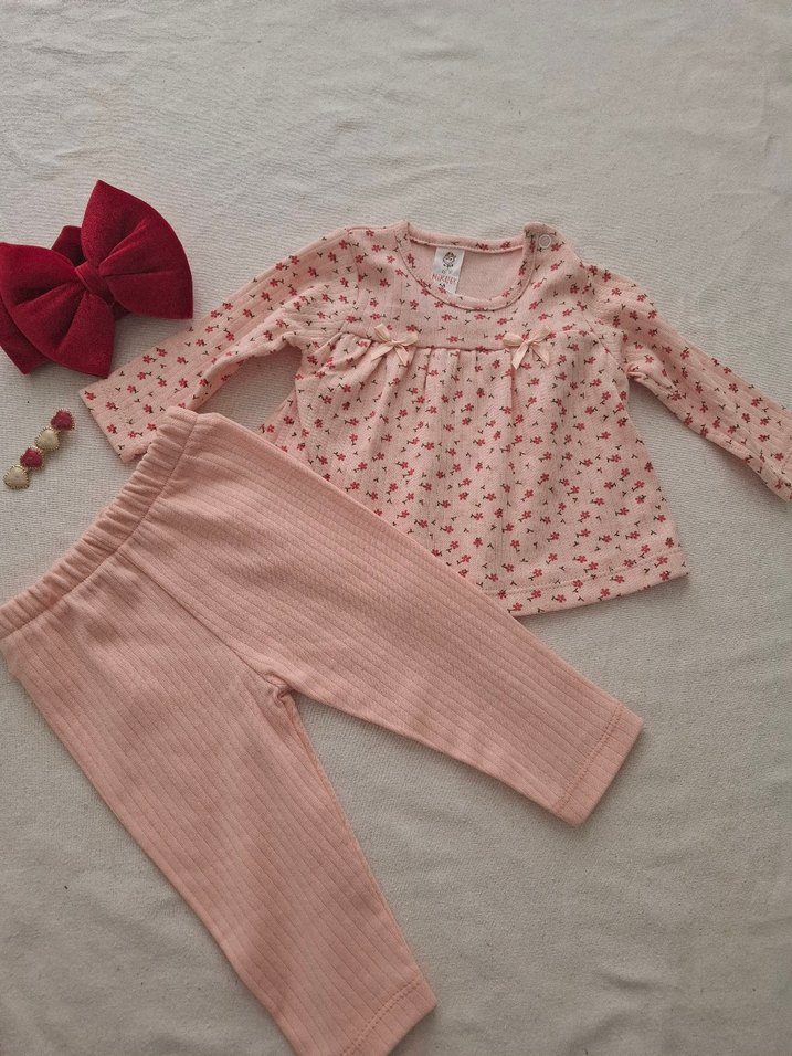 Pembe Çiçekli Bebek Kız Uzun Kollu Takım - Görsel 4