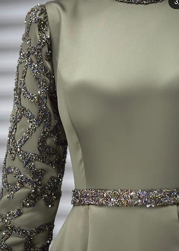 Nakış Detaylı Haki Uzun Abiye Elbise - Görsel 2