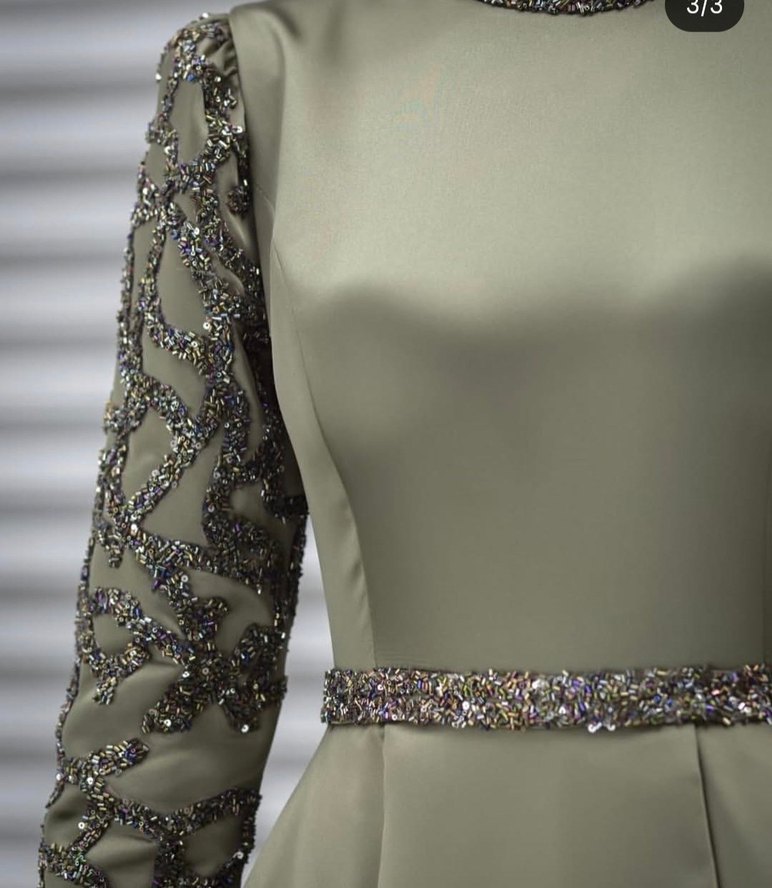 Nakış Detaylı Haki Uzun Abiye Elbise - Görsel 2