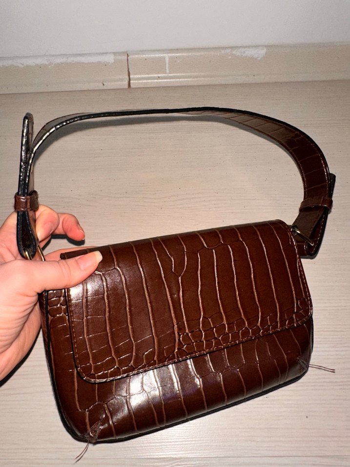 Kahverengi Deri Yılan Desenli Kadın Çanta koton - Görsel 4