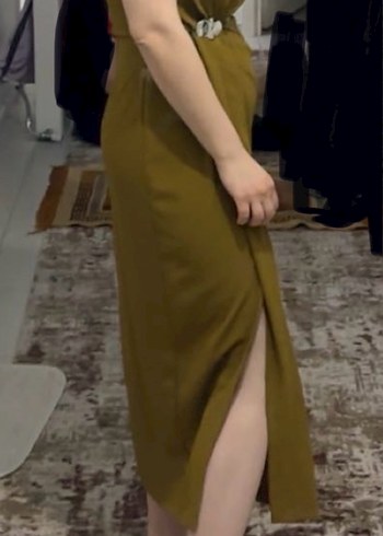 Drapeli Kadın Uzun Elbise  yağ yeşili zara - Görsel 4