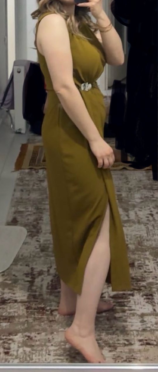 Drapeli Kadın Uzun Elbise  yağ yeşili zara - Görsel 4