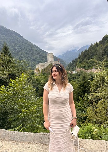 m Beden beyaz Renk Beyaz Polo Yaka Triko Midi Elbise