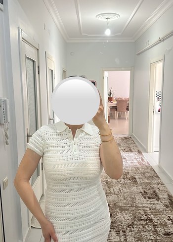 Pull and Bear Beyaz Polo Yaka Triko Midi Elbise