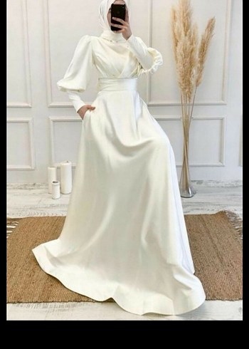 Drapeli Uzun Beyaz Abiye Elbise Nişan nikah elbisesi