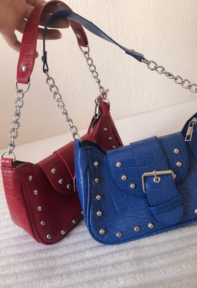 İkili Mavi Tokalı Yılan Desenli Deri Kadın Çanta - Görsel 2