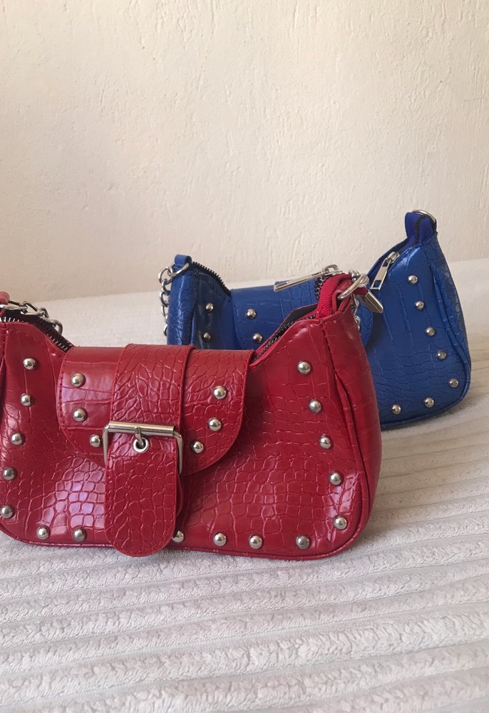 İkili Mavi Tokalı Yılan Desenli Deri Kadın Çanta - Görsel 3