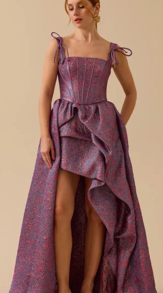 Uzun Mor Drapeli Straplez Kadın Abiye - Görsel 2