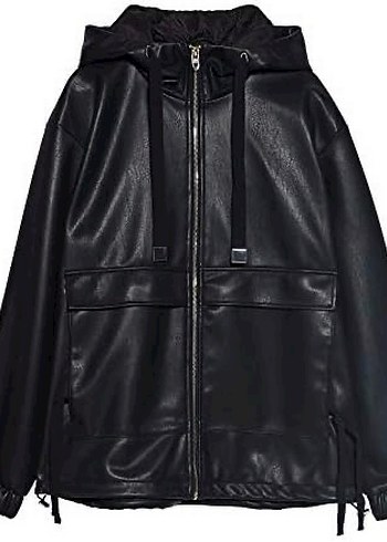 Zara Siyah Kapüşonlu Deri Ceket - Görsel 5