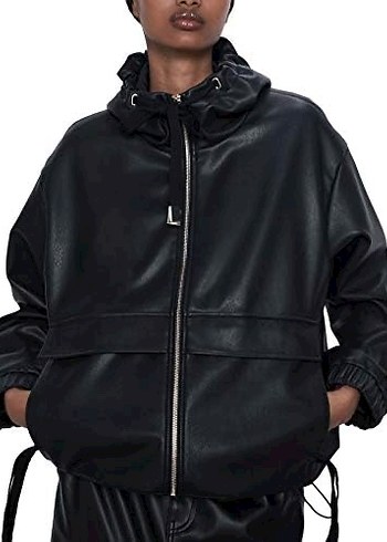 Zara Siyah Kapüşonlu Deri Ceket - Görsel 6