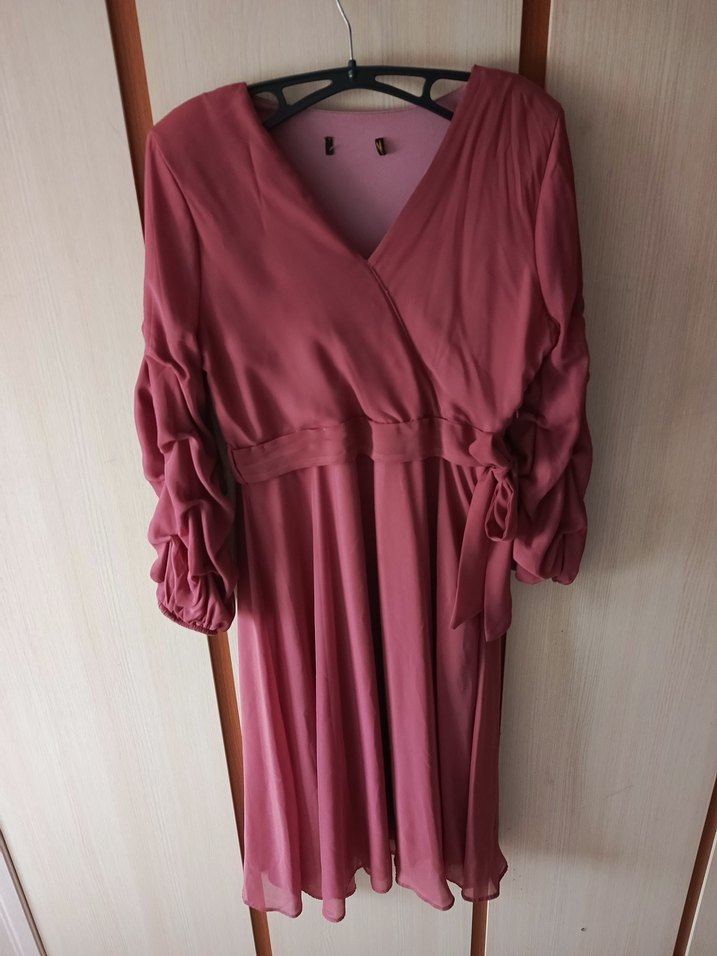 Pembe Midi Şifon Kadın Elbise - Görsel 4