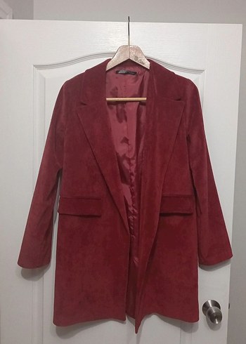 Kadife Süet Midi Bordo Kadın Ceket - Görsel 3