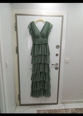 Kruvaze Yaka Pilili Uzun Abiye Elbise - Görsel 3