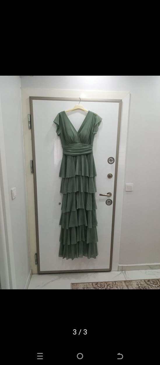 Kruvaze Yaka Pilili Uzun Abiye Elbise - Görsel 3