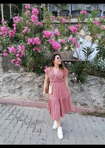 Kırmızı V Yakalı Bohem Uzun Elbise - Görsel 6