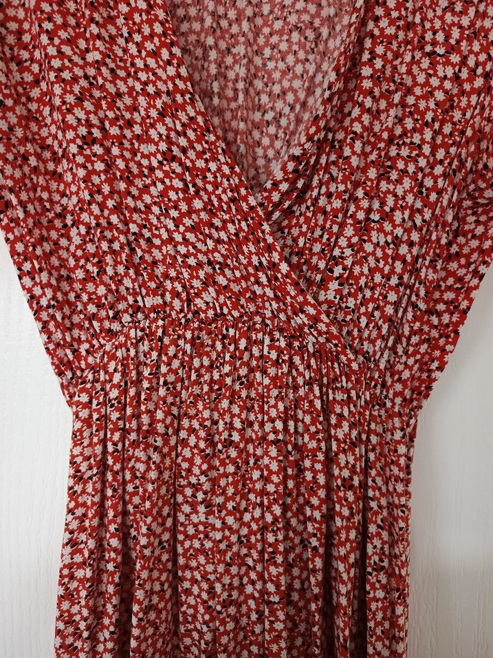 Kırmızı V Yakalı Bohem Uzun Elbise - Görsel 5