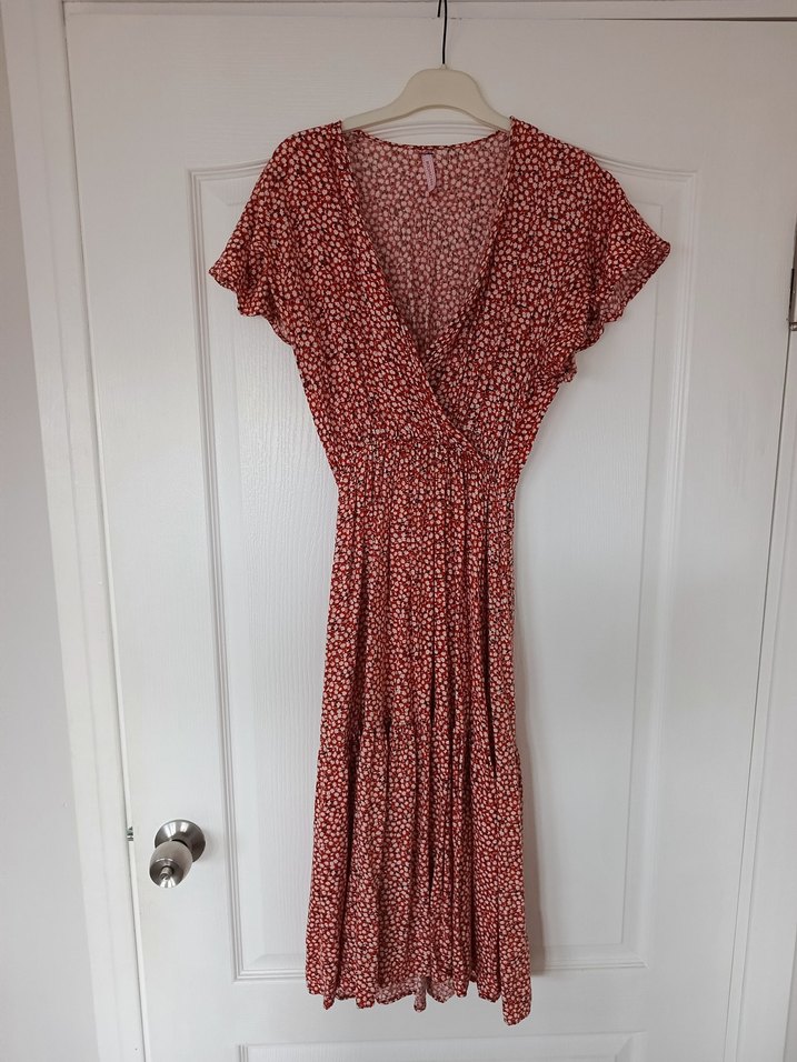 Kırmızı V Yakalı Bohem Uzun Elbise - Görsel 2