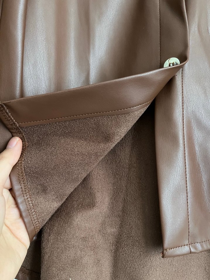 Düğmeli Kahverengi Deri Kadın Ceket - Görsel 3