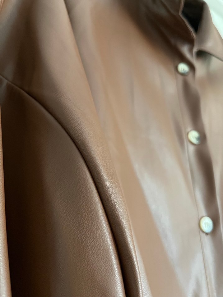 Düğmeli Kahverengi Deri Kadın Ceket - Görsel 4