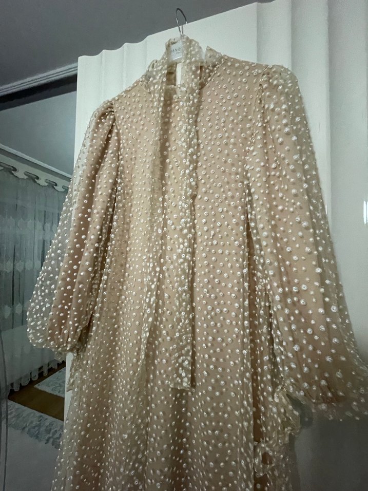 Bej Nakışlı Uzun Bohem Dantel Elbise - Görsel 2