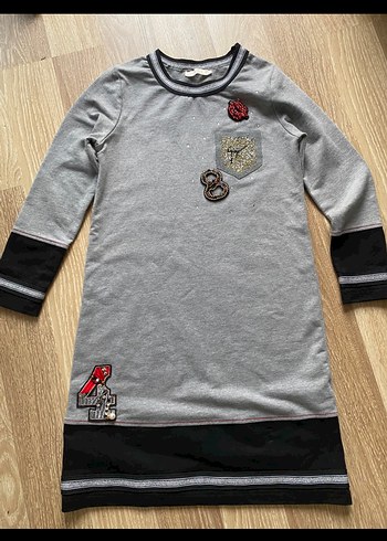 2li Gri Baskılı Uzun Kollu Kız Elbisesi - Görsel 5