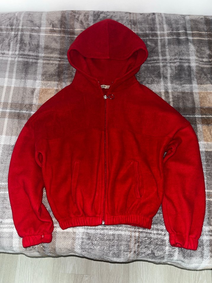 Kırmızı Kapüşonlu Fermuarlı Kadın Sweatshirt - Görsel 3