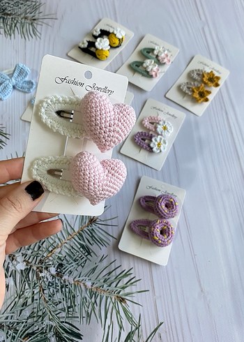 Çiçek Desenli Örgü Pastel Çocuk Toka Seti - Görsel 7