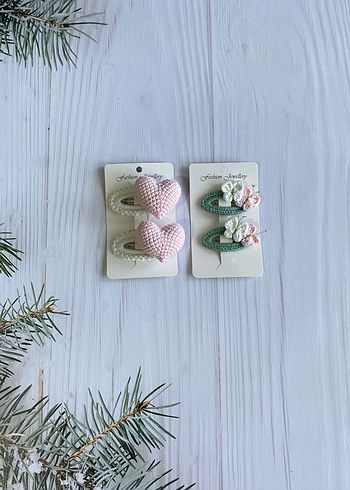 Çiçek Desenli Örgü Pastel Çocuk Toka Seti - Görsel 4