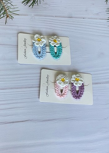 Çiçek Desenli Örgü Pastel Çocuk Toka Seti - Görsel 3