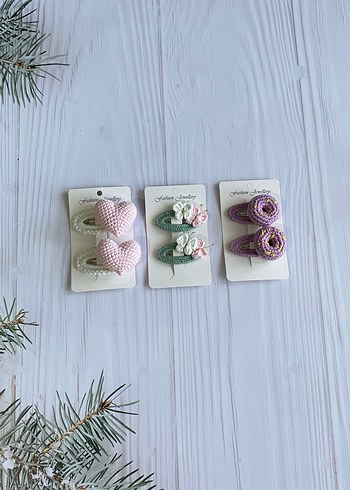 Çiçek Desenli Örgü Pastel Çocuk Toka Seti - Görsel 5