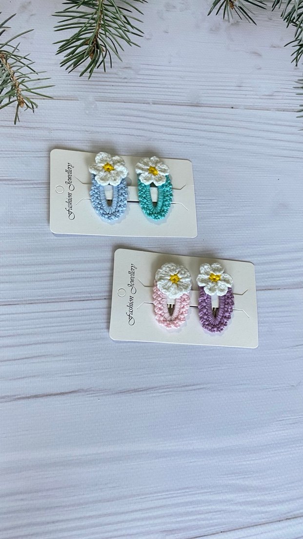 Çiçek Desenli Örgü Pastel Çocuk Toka Seti - Görsel 3