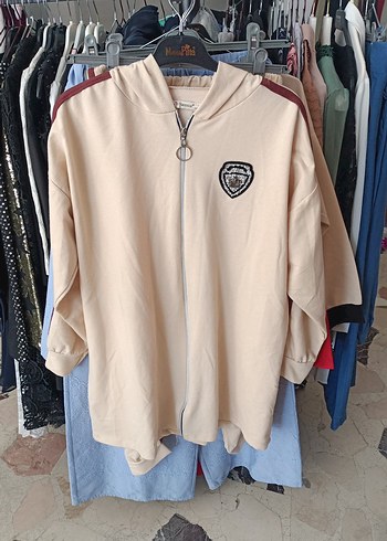 Kapüşonlu Fermuarlı Bej Kadın Sweat takım