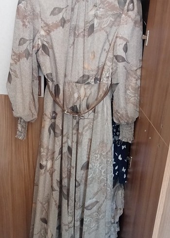 Bej Bohem Uzun Kollu Vintage Elbise