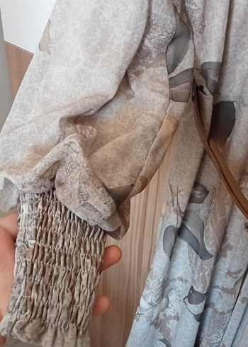 44 Beden Bej Bohem Uzun Kollu Vintage Elbise