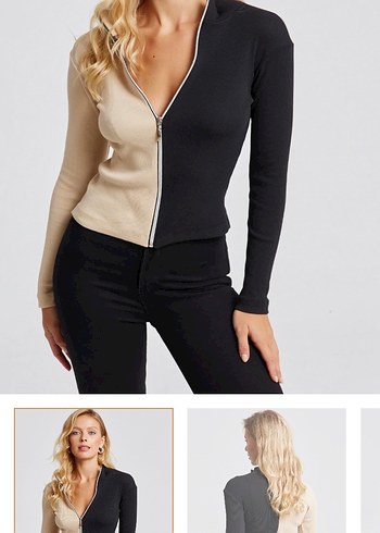 V Yaka, Fermuarlı Siyah-Bej Mini Kadın Ceket - Görsel 2