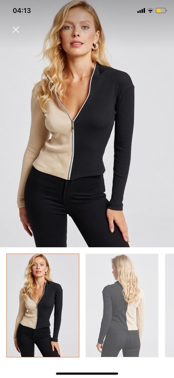 V Yaka, Fermuarlı Siyah-Bej Mini Kadın Ceket - Görsel 2