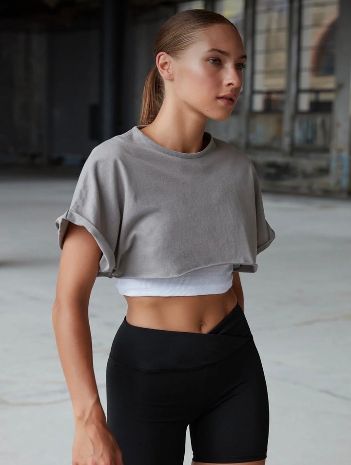 Gri Kısa Kollu Salaş Crop - Görsel 2