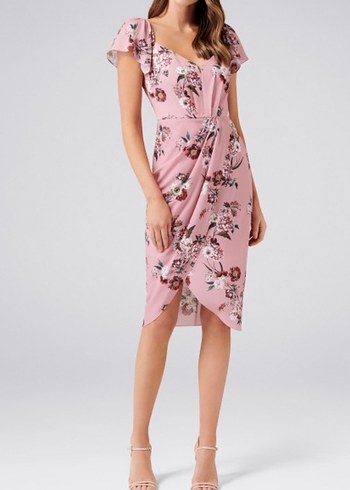 Kelebek Kol Çiçek Desenli Pembe Elbise - Görsel 3